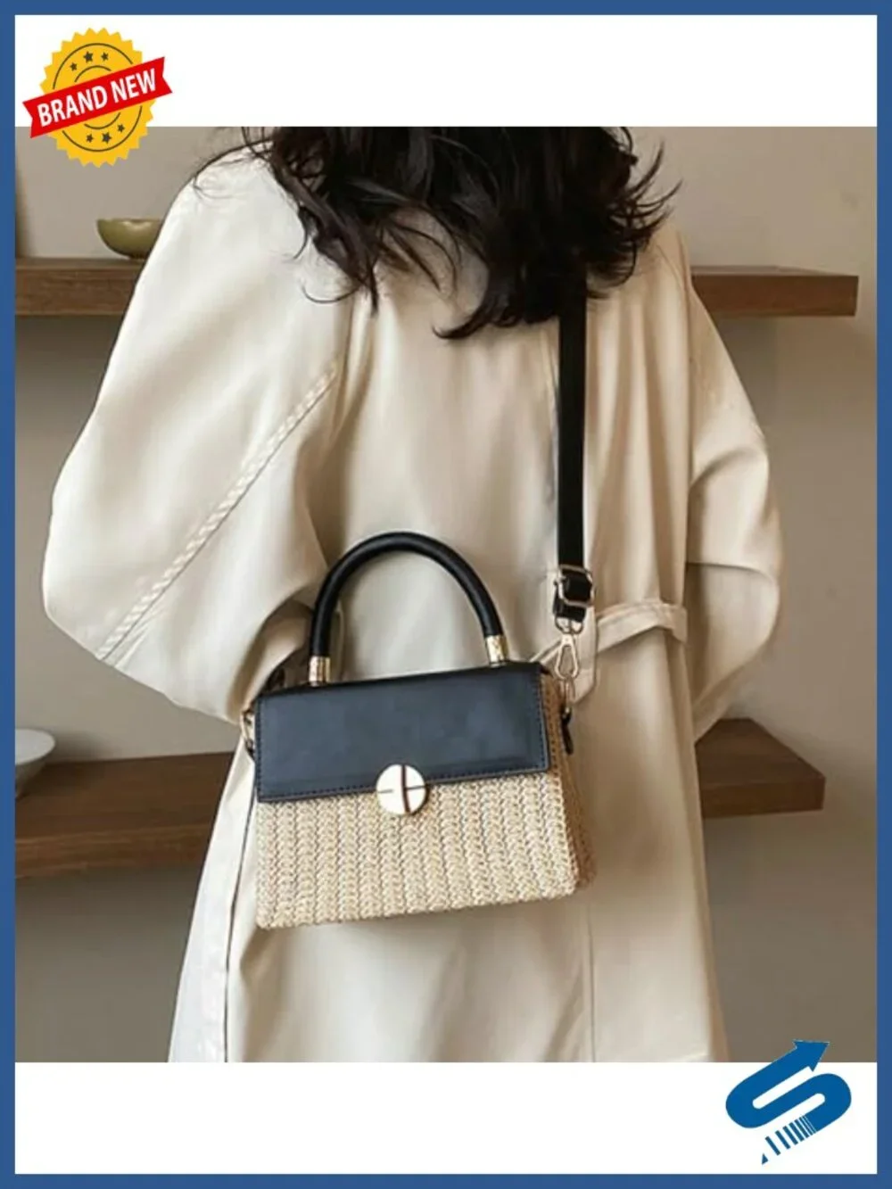 Woven Straw Crossbody Bag Women PU Leather Flap Box Purse Mini Satchel Travel